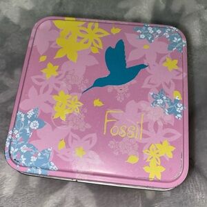 Vintage EMPTY 2005 AUTHENTIC FOSSIL TIN Watch Box Tin Only Pink Floral Bird